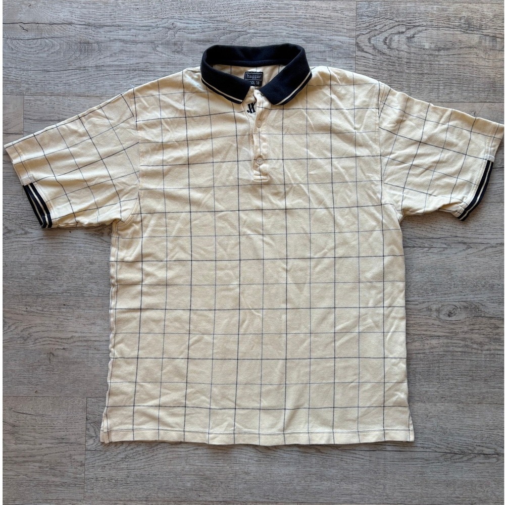 Haggar Cool 18 Mens Short Sleeve Windowpane Check Polo Shirt Pale Yellow Navy Lg